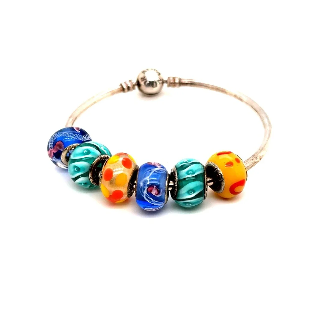 Pandora Sterling Silver Bangle Bracelet with 6 Colorful Glass Charms